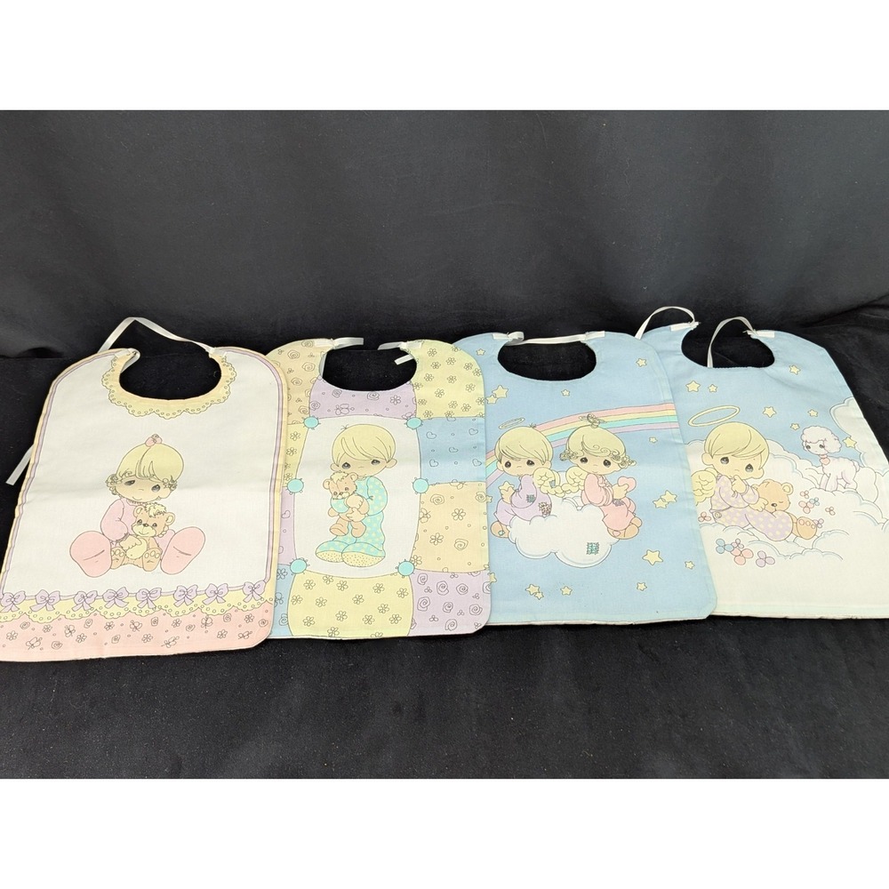 Lot of 4 Vintage Precious Moments Homemade Baby Bib Fabric Pastels Angels Babies